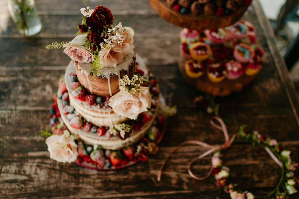 Naked Cake Sponge Icing Drip Flowers Berries Burgundy Barn Wedding Jarek Lepak