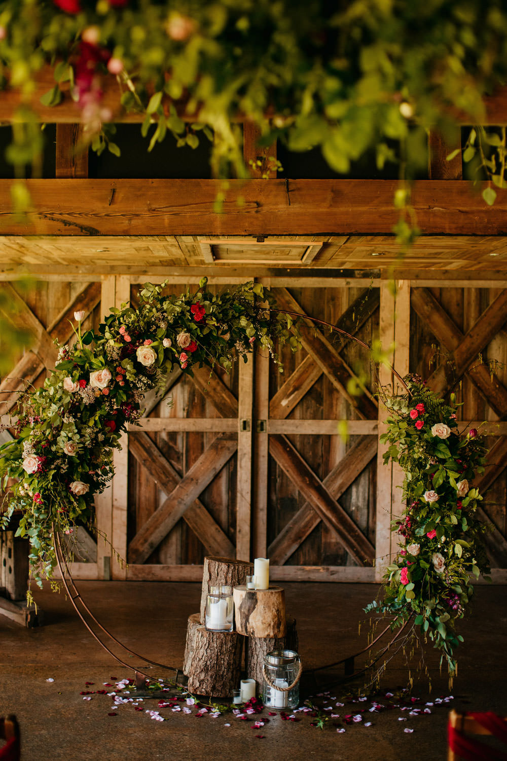 Moon Gate Flower Arch Half Moon Backdrop Ceremony Aisle Burgundy Barn Wedding Jarek Lepak