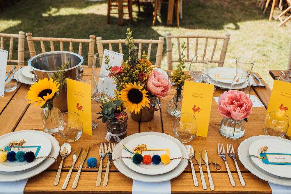 Table Decor Flowers Pom Poms Place Setting Chateau de Lacoste Wedding The Shannons Photography