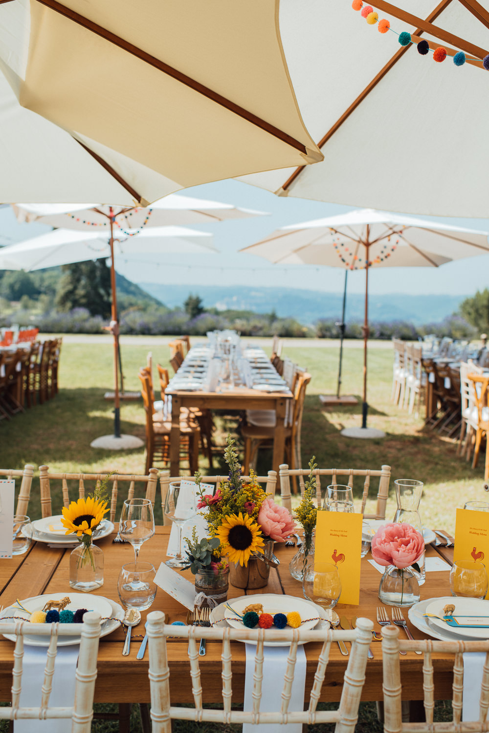 Table Decor Flowers Pom Poms Place Setting Chateau de Lacoste Wedding The Shannons Photography