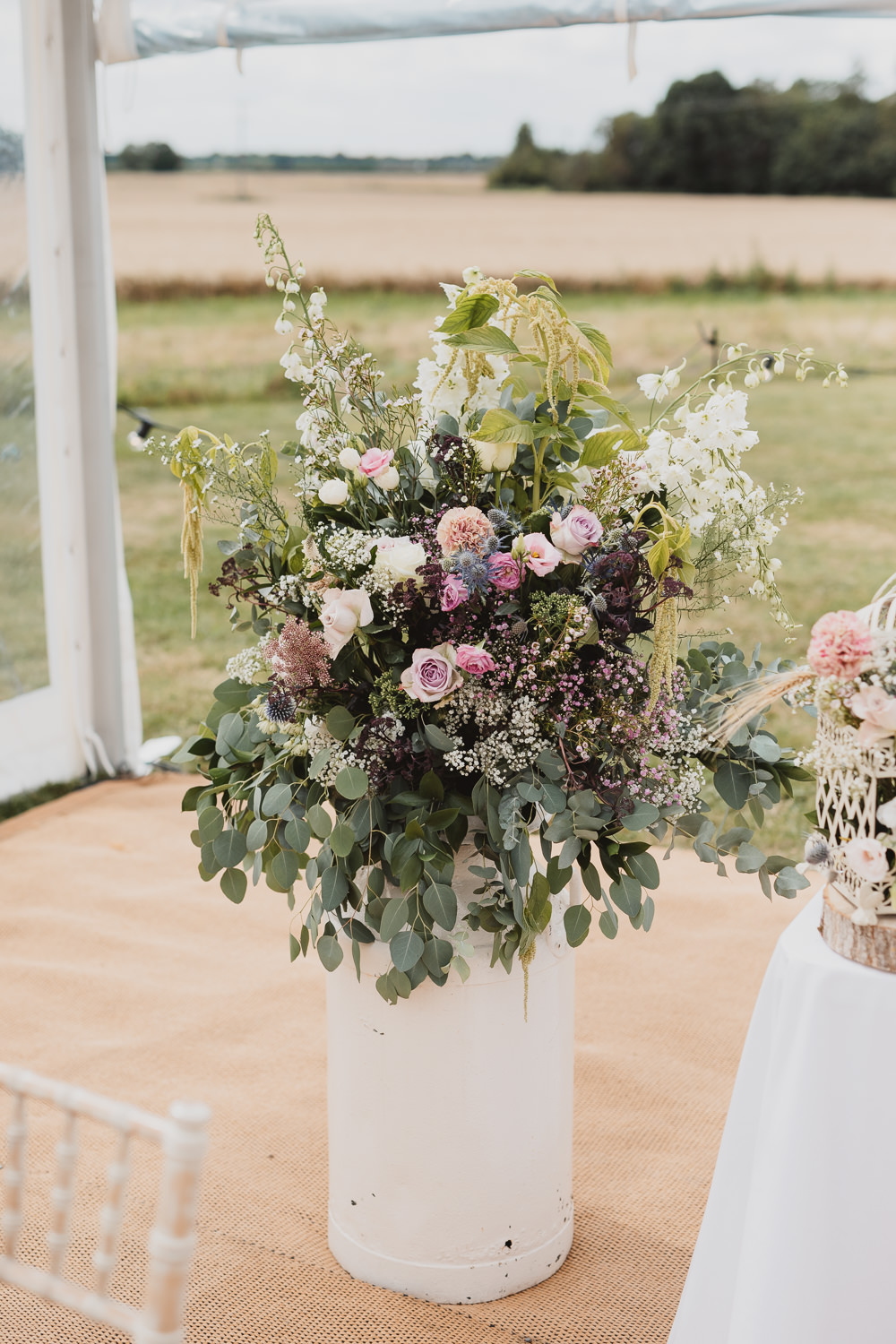 Flower Arrangement Tall Wild Natural Pretty Clear Marquee Wedding Sarah Brookes Photography