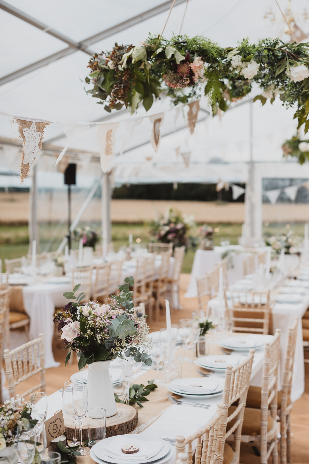 Venue Greenery Hoop Decor Long Tables Clear Marquee Wedding Sarah Brookes Photography