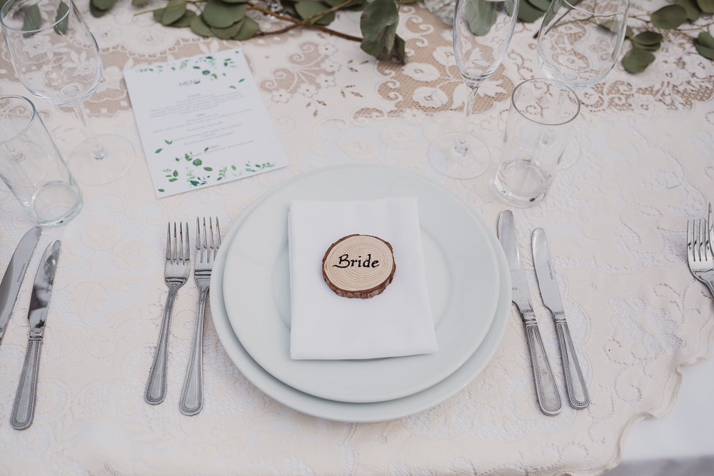 Place Setting Name Log Slice Clear Marquee Wedding Sarah Brookes Photography