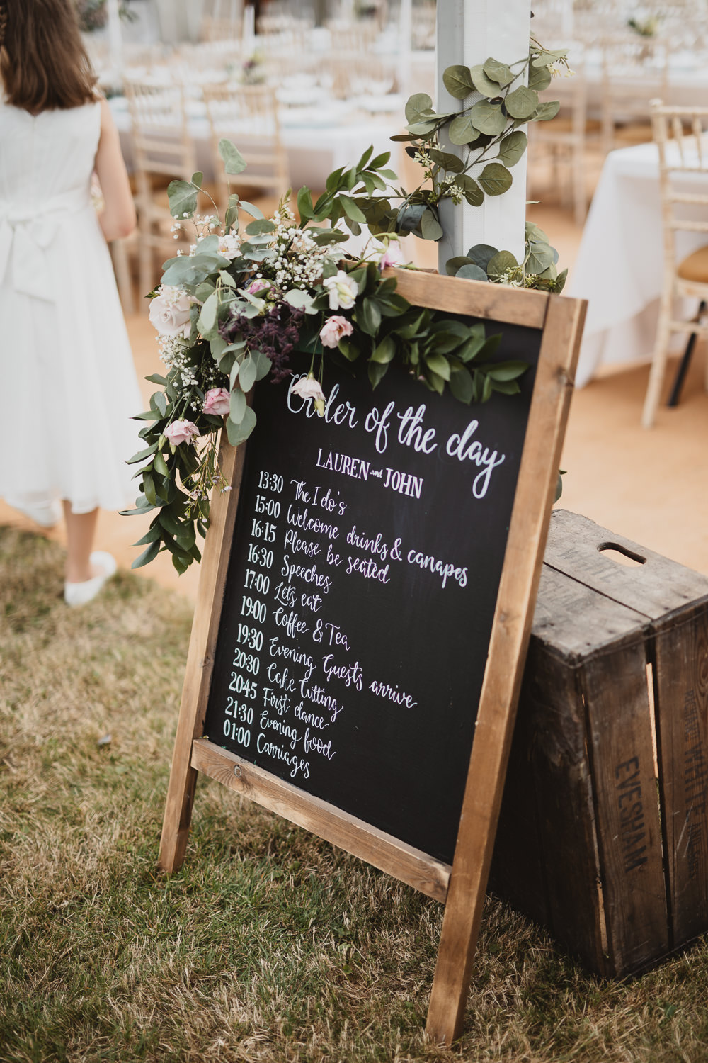Black Board Chalk Sign Signs Signage Welcome Flowers Order of the Day Clear Marquee Wedding Sarah Brookes Photography
