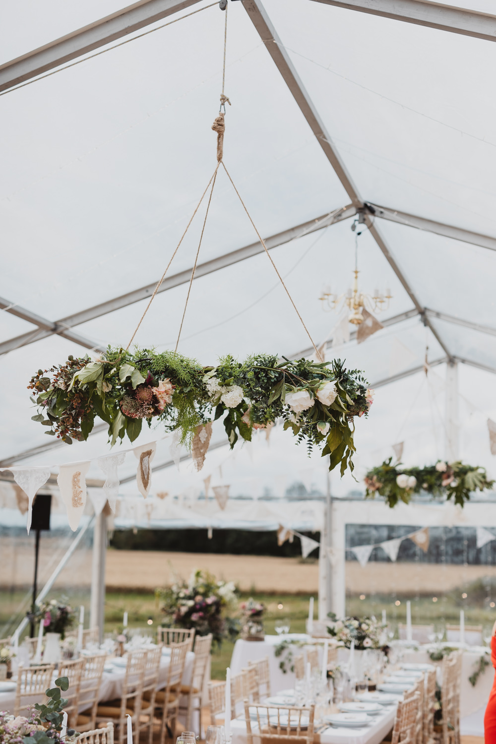 Venue Greenery Hoop Decor Long Tables Clear Marquee Wedding Sarah Brookes Photography