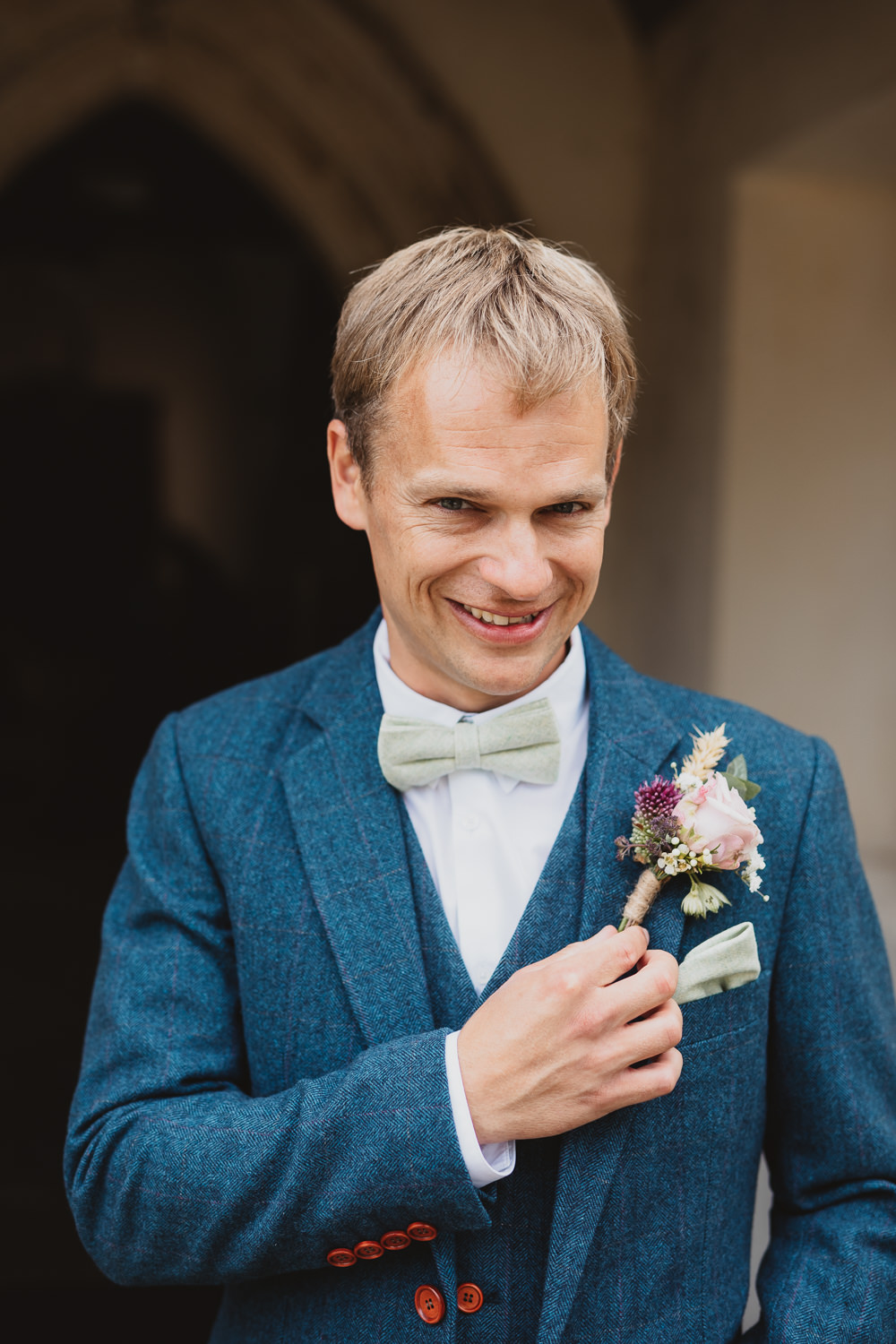 Groom Groomsmen Suits Navy Tweed Bow Tie Buttonhole Flowers Clear Marquee Wedding Sarah Brookes Photography