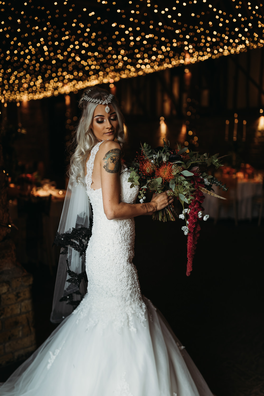 Bride Bridal Dress Gown Mermaid Train Lace Cooling Castle Barn Wedding Thyme Lane Photography