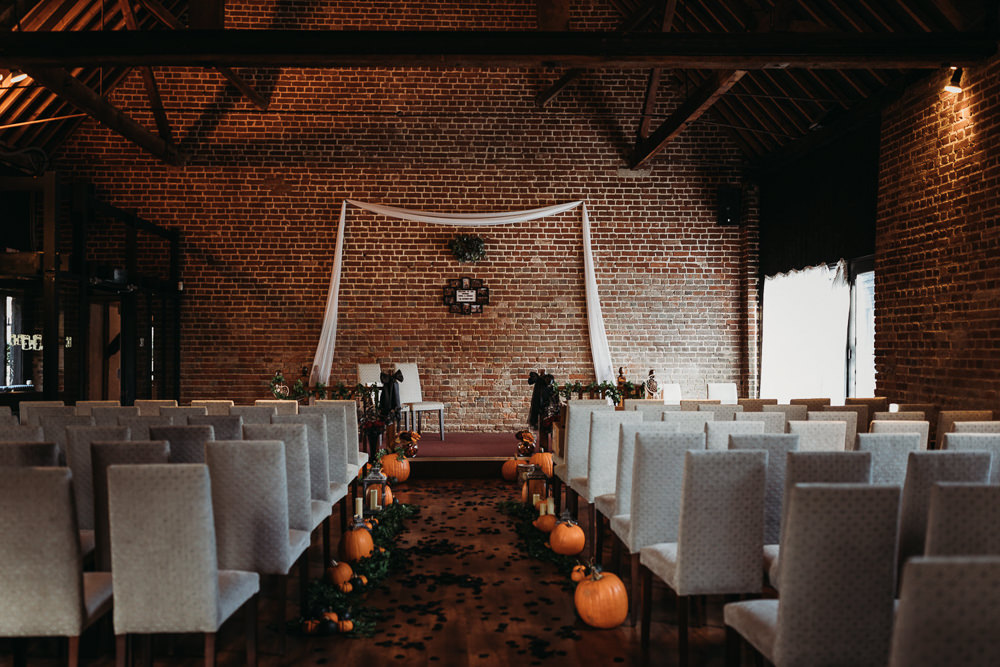 Aisle Ceremony Pumpkins Halloween Cooling Castle Barn Wedding Thyme Lane Photography