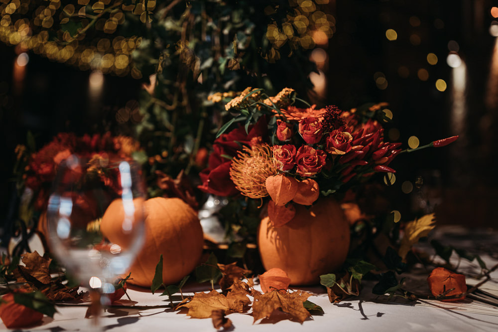 Halloween Autumn Centrepiece Candlabra Pumpkins Flowers Decor Table Cooling Castle Barn Wedding Thyme Lane Photography