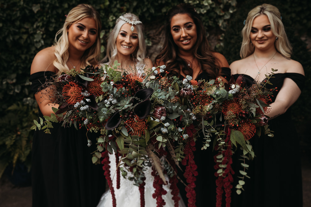 Bouquet Flowers Bride Bridal Feather Euclyptus Amaranthus Red Berries Pincushion Cooling Castle Barn Wedding Thyme Lane Photography