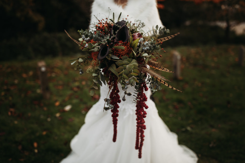 Bouquet Flowers Bride Bridal Feather Euclyptus Amaranthus Pincushion Red Berries Cooling Castle Barn Wedding Thyme Lane Photography