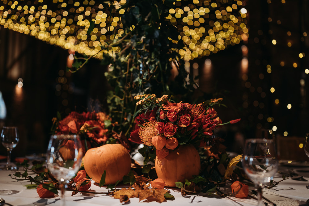 Halloween Autumn Centrepiece Candlabra Pumpkins Flowers Decor Table Cooling Castle Barn Wedding Thyme Lane Photography