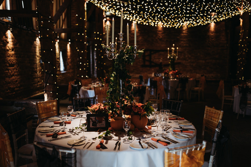 Halloween Autumn Centrepiece Candlabra Pumpkins Flowers Decor Table Cooling Castle Barn Wedding Thyme Lane Photography