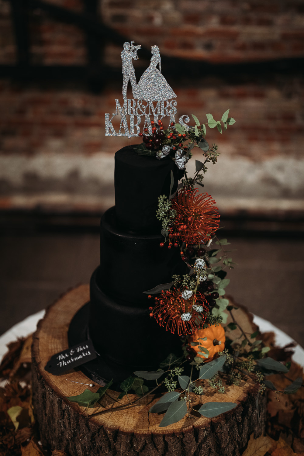 Black Cake Eucalyptus Pincushion Log Slice Topper Cooling Castle Barn Wedding Thyme Lane Photography
