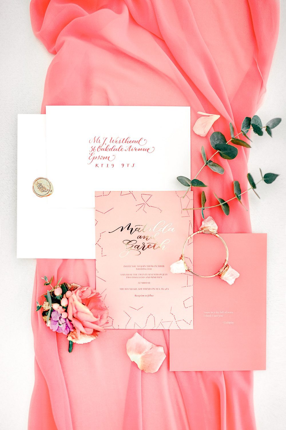 Stationery Invite Invitations Flat Lay Gold Calligraphy Coral Peach Wedding Ideas Courtney Dee Photography