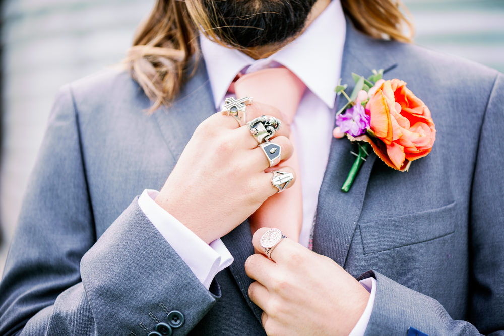 Groom Suit Blue Tie Buttonhole Flowers Coral Peach Wedding Ideas Courtney Dee Photography