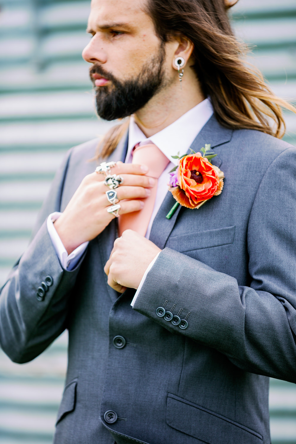 Groom Suit Blue Tie Buttonhole Flowers Coral Peach Wedding Ideas Courtney Dee Photography