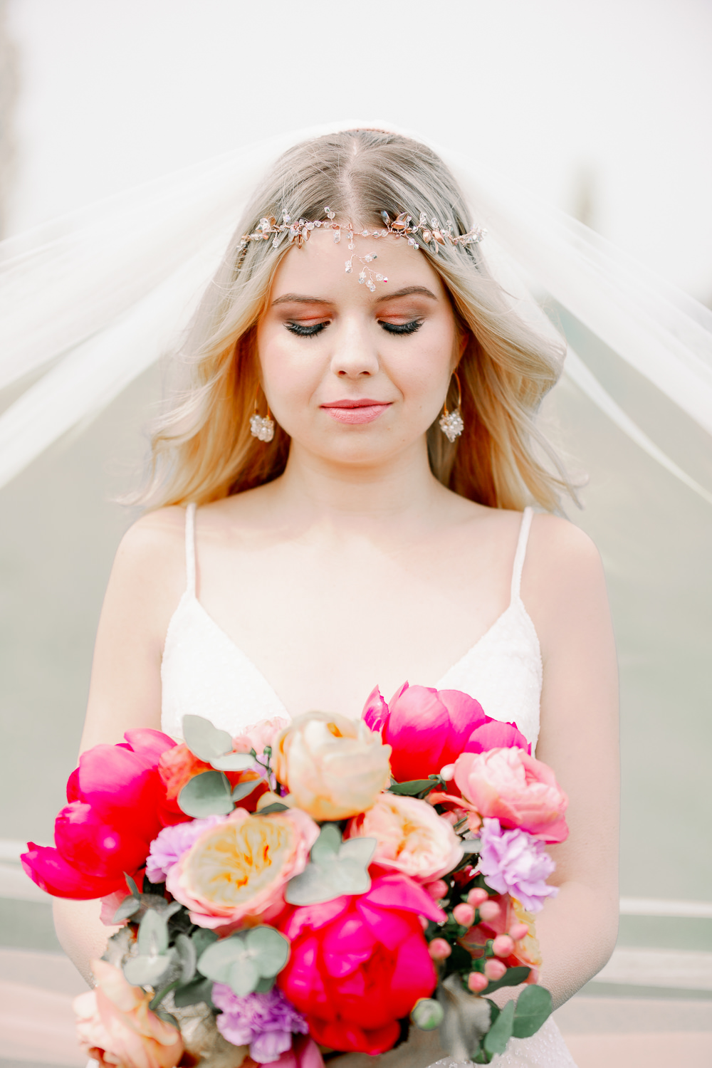 Bouquet Flowers Bride Bridal Peony Peonies Rose Ribbon Bride Bridal Make Up Headdress Accessory Veil Coral Peach Wedding Ideas Courtney Dee Photography