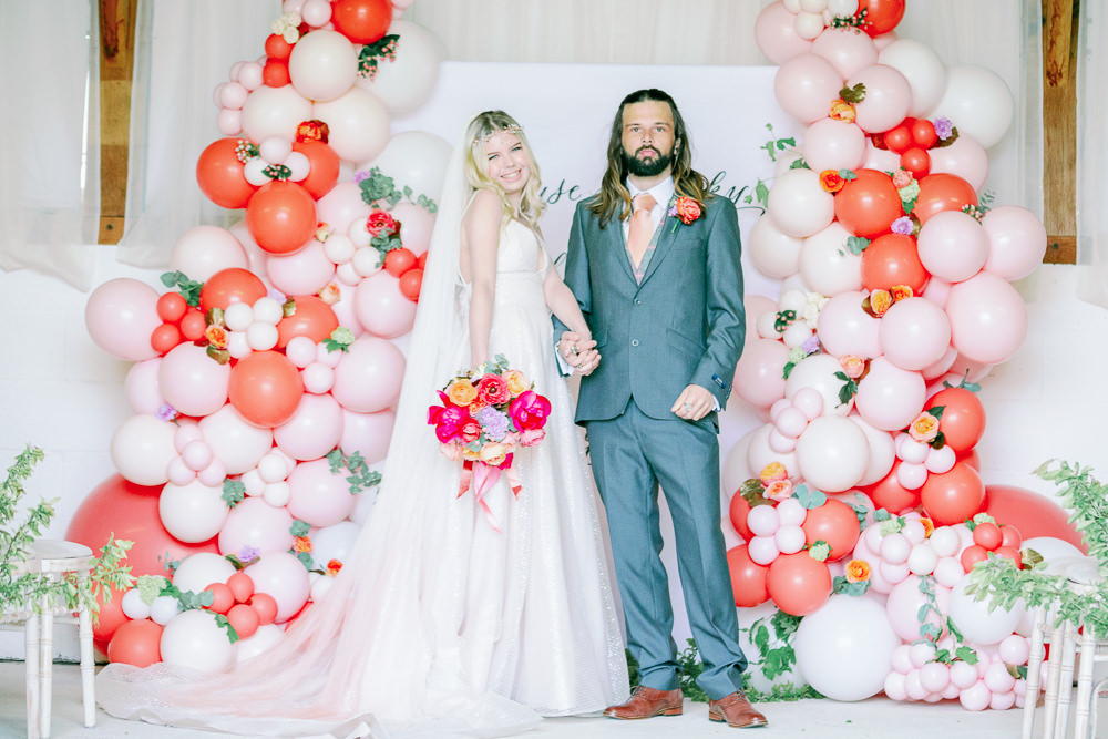 Balloon Installation Backdrop Banner Sign Signs Signage Coral Peach Wedding Ideas Courtney Dee Photography