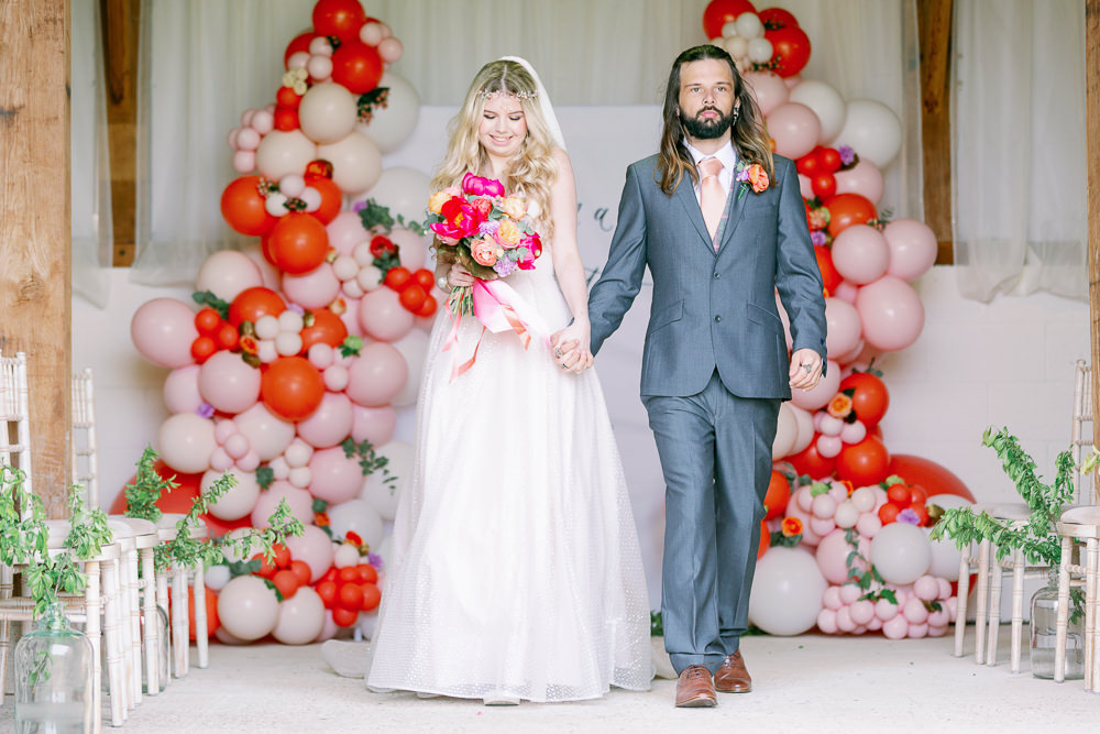 Balloon Installation Backdrop Banner Sign Signs Signage Coral Peach Wedding Ideas Courtney Dee Photography