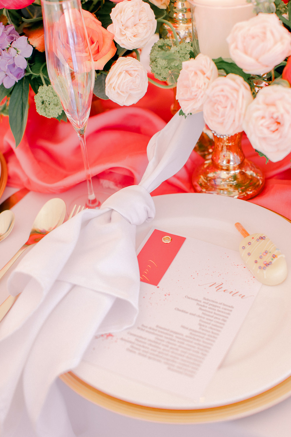 Place Setting Decor Plate Lolly Favour Napkin Menu Coral Peach Wedding Ideas Courtney Dee Photography