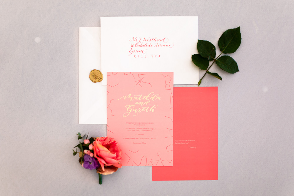 Stationery Invite Invitations Flat Lay Gold Calligraphy Coral Peach Wedding Ideas Courtney Dee Photography