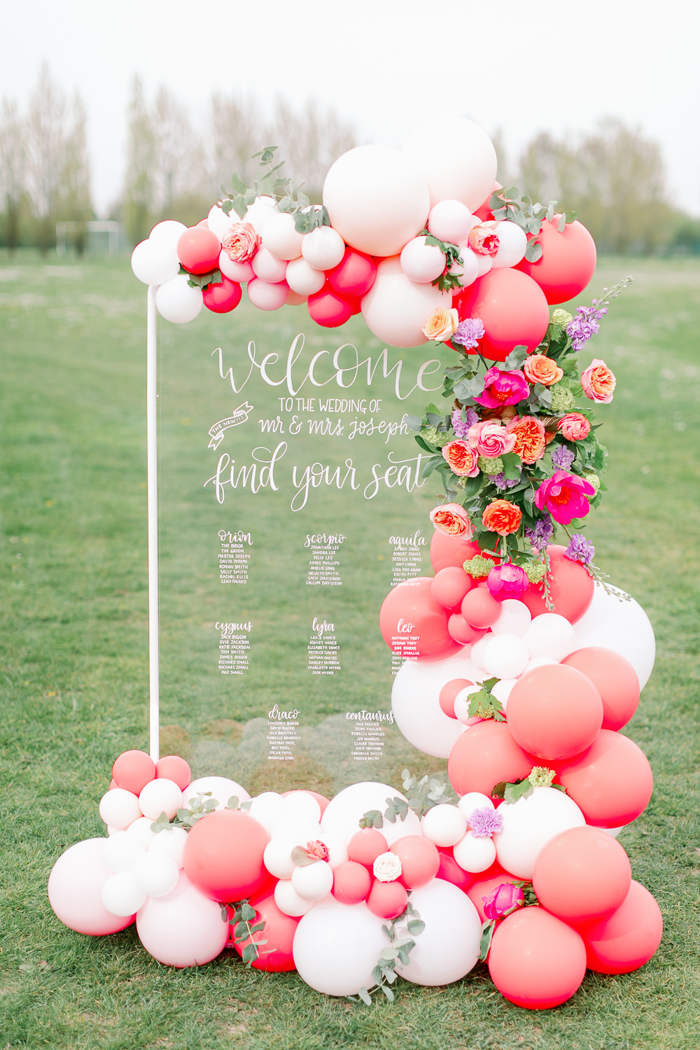 Clear Glass Acrylic Perspex Table Plan Seating Chart Calligraphy Flowers Balloons Coral Peach Wedding Ideas Courtney Dee Photography