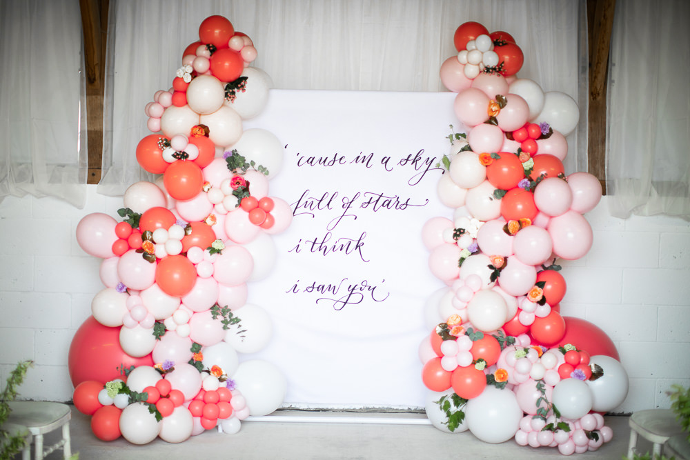Balloon Installation Backdrop Banner Sign Signs Signage Coral Peach Wedding Ideas Courtney Dee Photography