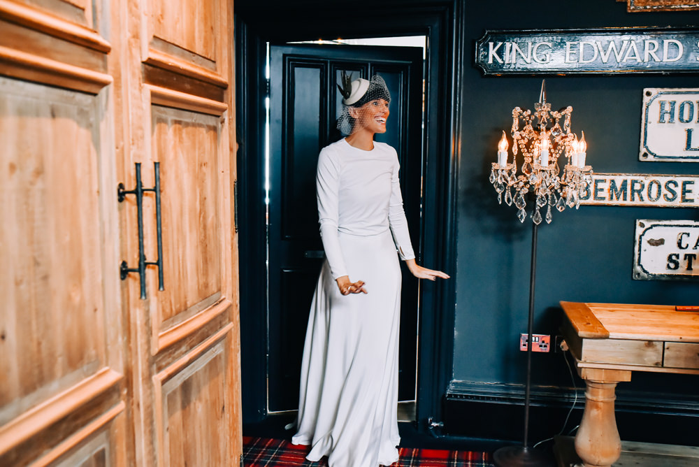 Dress Gown Sleek Modern Long Sleeves Top Skirt Andrea Hawkes Bridal Glazebrook House Wedding Harriet Bird Photography