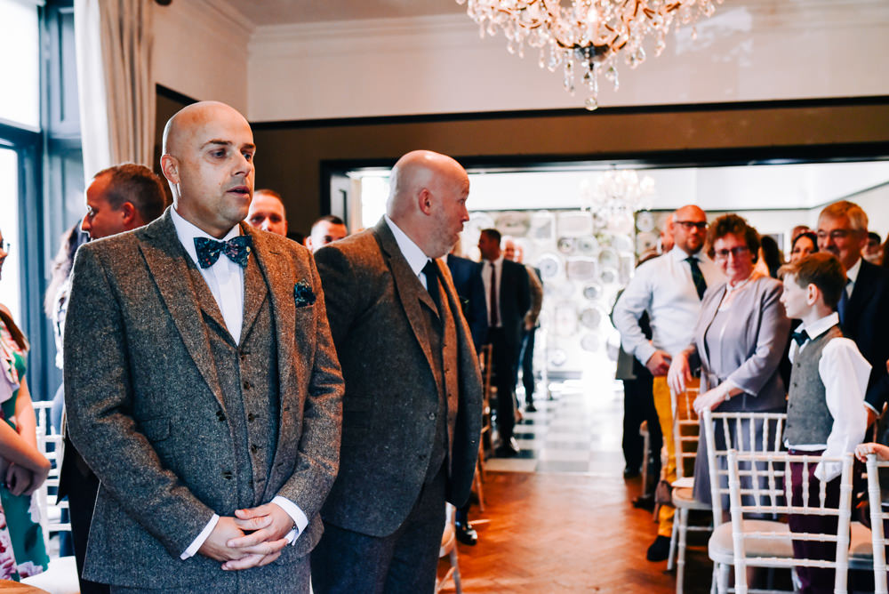 Groom Suit Tweed Bow Tie Pocket Square Glazebrook House Wedding Harriet Bird Photography
