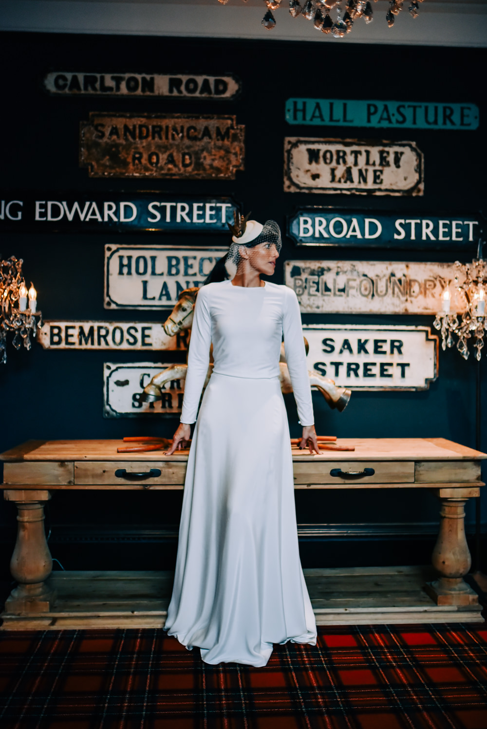 Dress Gown Sleek Modern Long Sleeves Top Skirt Andrea Hawkes Bridal Glazebrook House Wedding Harriet Bird Photography