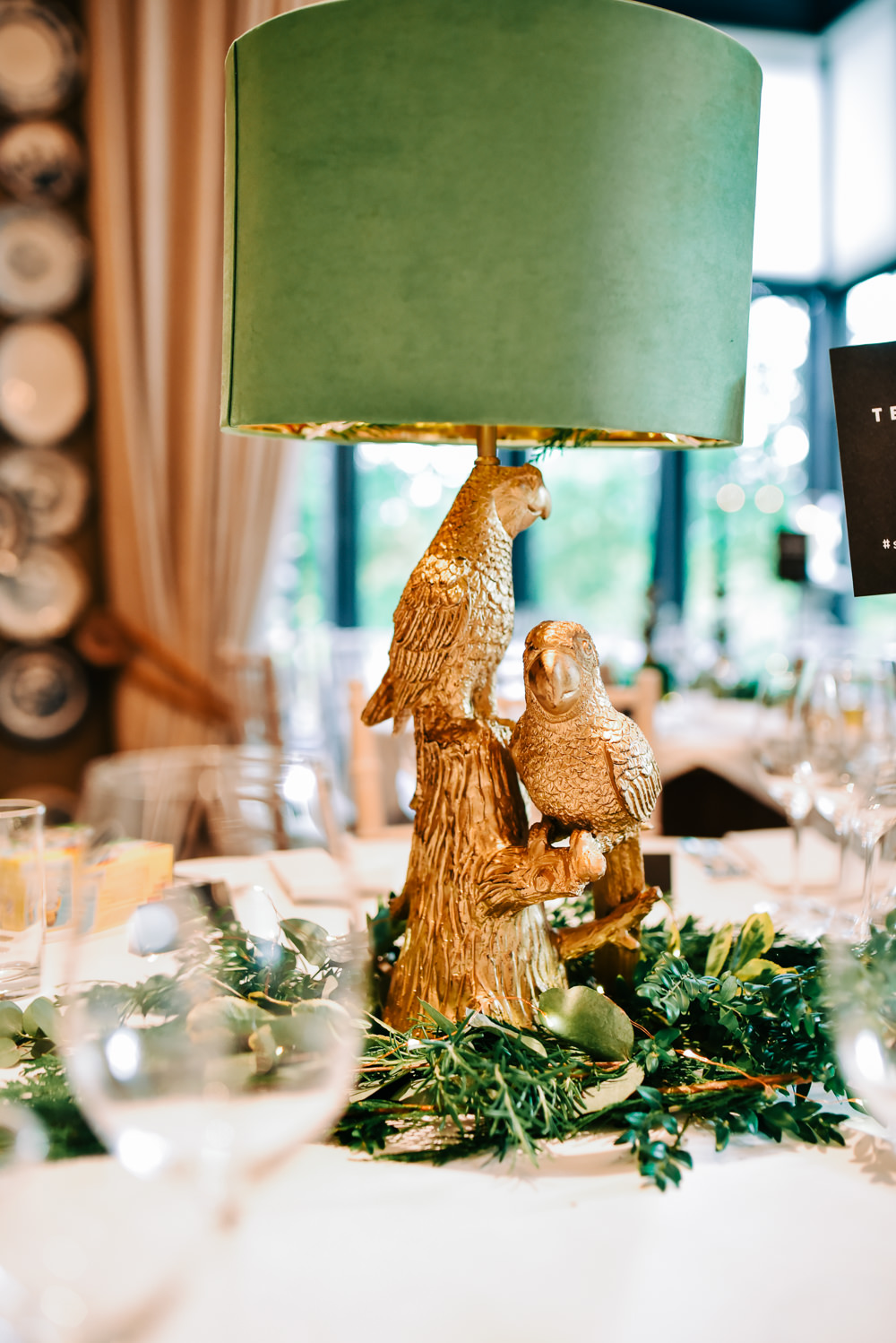 Centepiece Quirky Lamp Bird Candle Sticks Greenery Foliage Glazebrook House Wedding Harriet Bird Photography