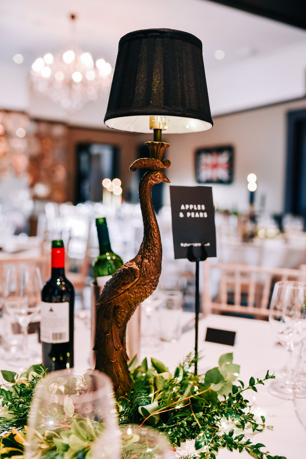 Centepiece Quirky Lamp Bird Candle Sticks Greenery Foliage Glazebrook House Wedding Harriet Bird Photography