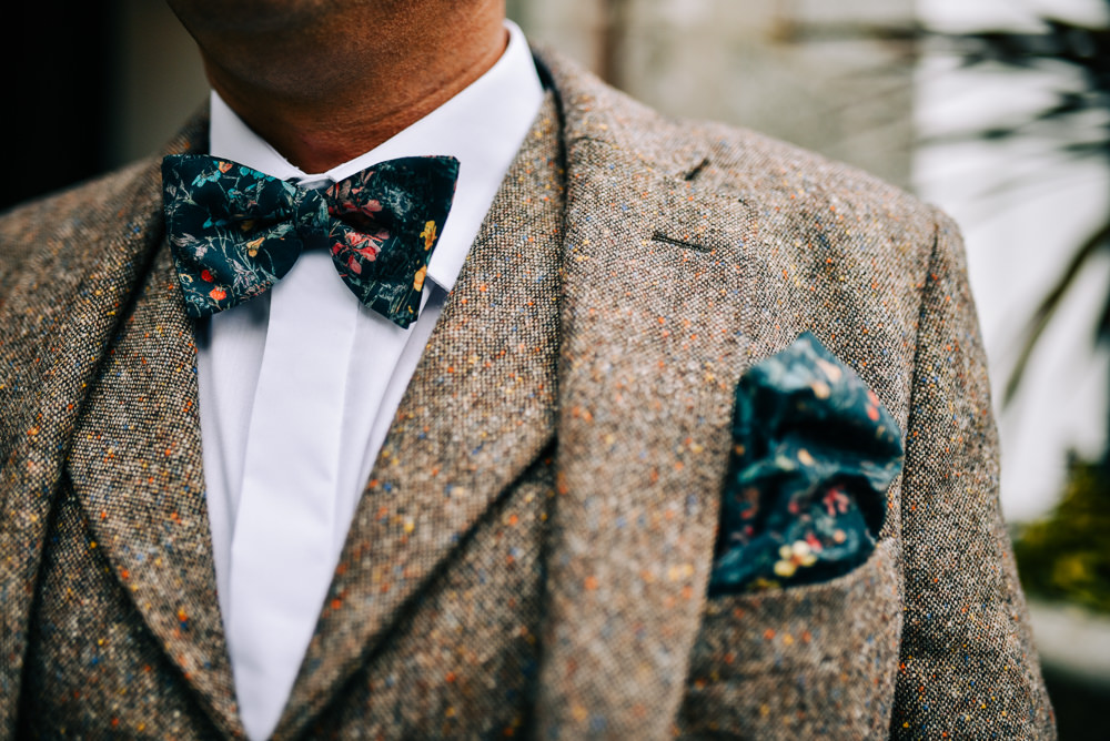 Groom Suit Tweed Bow Tie Pocket Square Glazebrook House Wedding Harriet Bird Photography