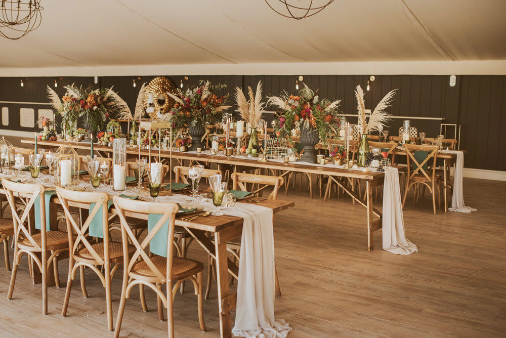 Decor Decoration Table Tablescape Glasses Candles Napkins Cutlery Table Runners Green Gold Wedding Ideas Samantha Davis Photography