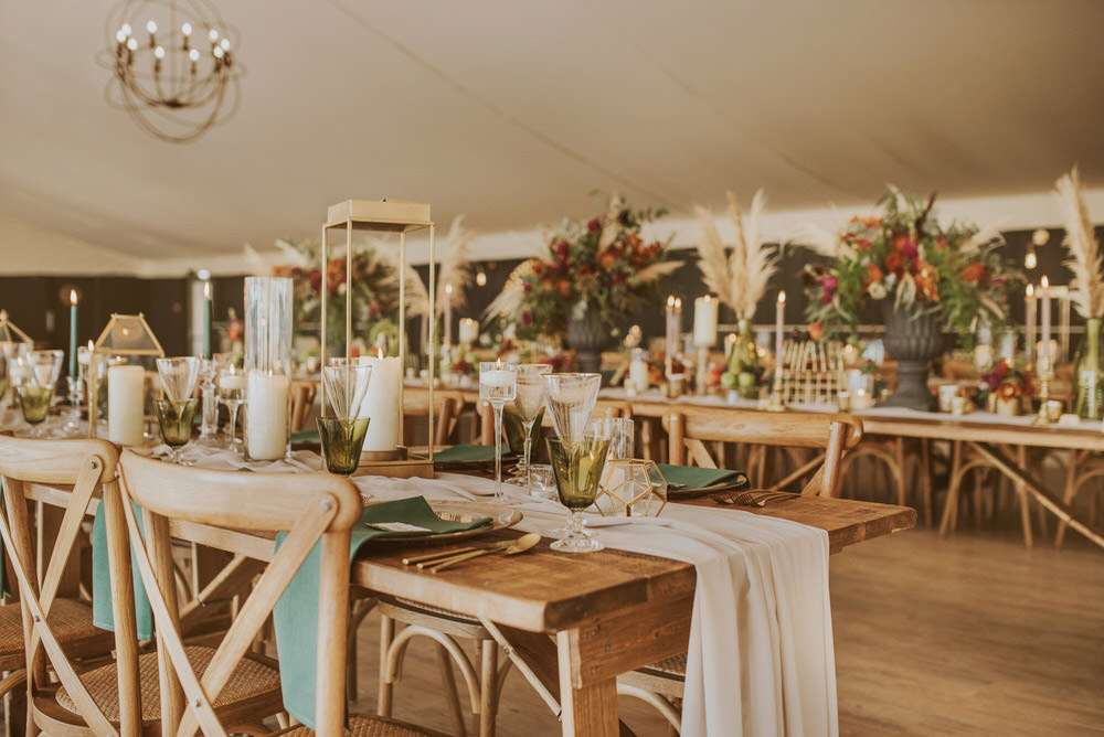 Decor Decoration Table Tablescape Glasses Candles Napkins Cutlery Table Runners Green Gold Wedding Ideas Samantha Davis Photography
