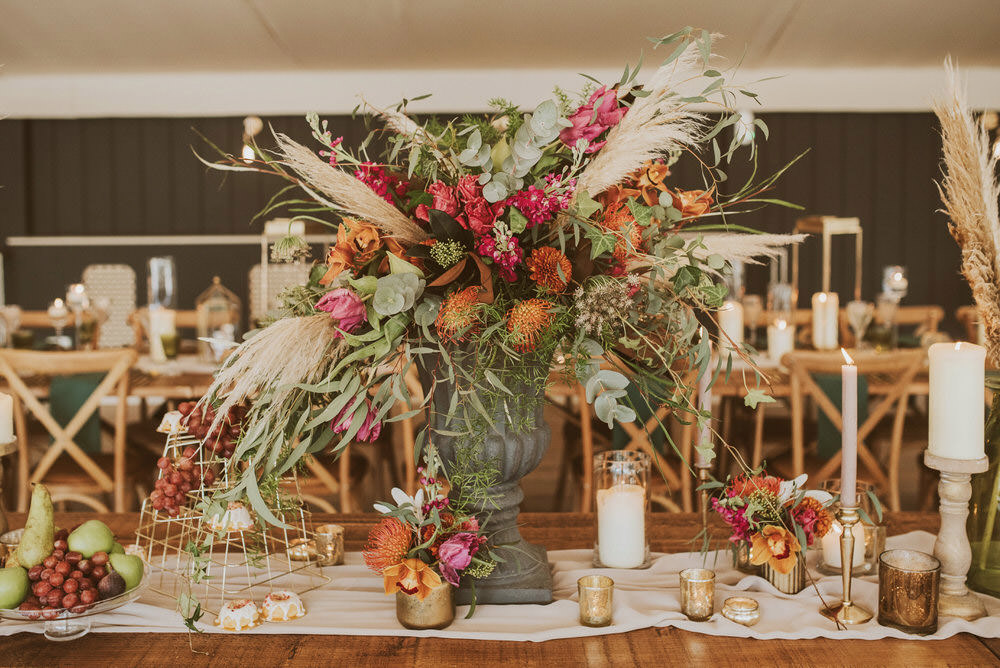 Flowers Flower Arrangement Urn Pampas Grass Pincushion Rose Greenery Green Gold Wedding Ideas Samantha Davis Photography