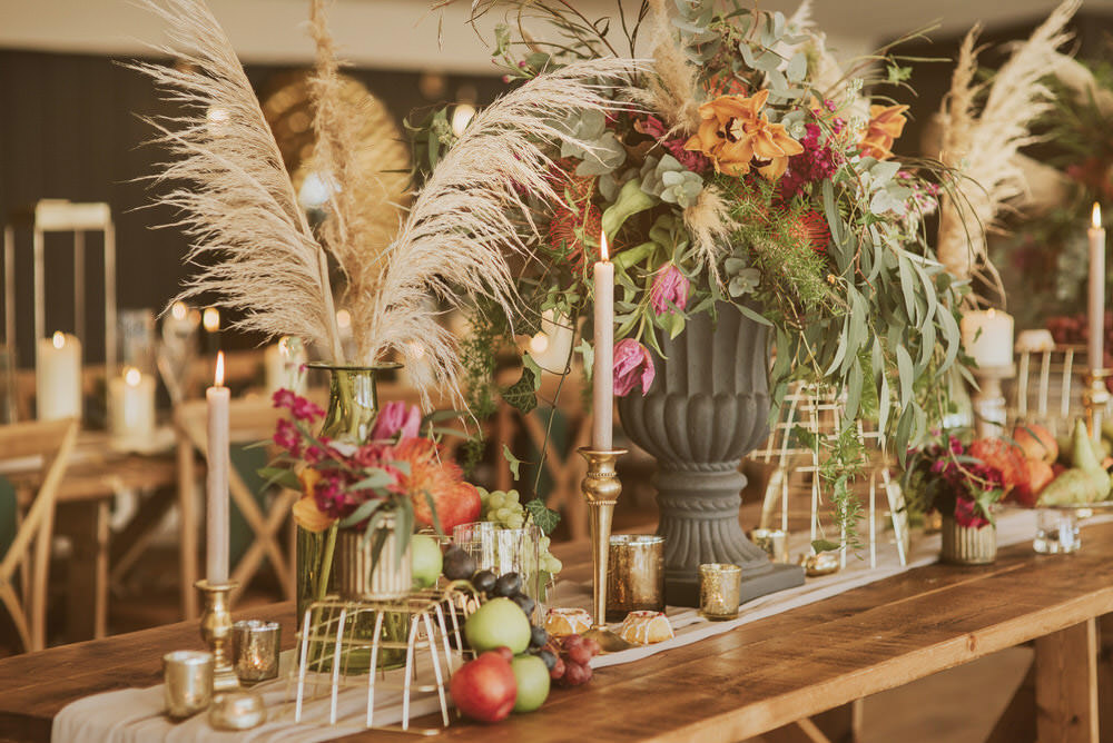Flowers Flower Arrangement Urn Pampas Grass Pincushion Rose Greenery Green Gold Wedding Ideas Samantha Davis Photography