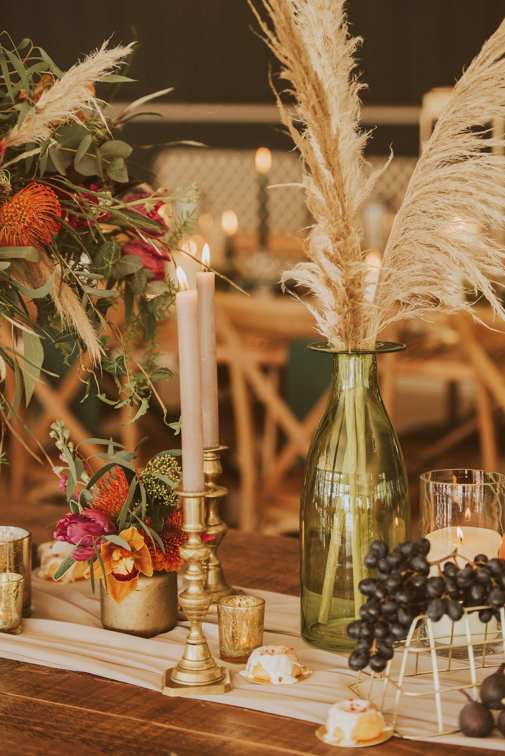 Flowers Flower Arrangement Urn Pampas Grass Pincushion Rose Greenery Bottle Green Gold Wedding Ideas Samantha Davis Photography