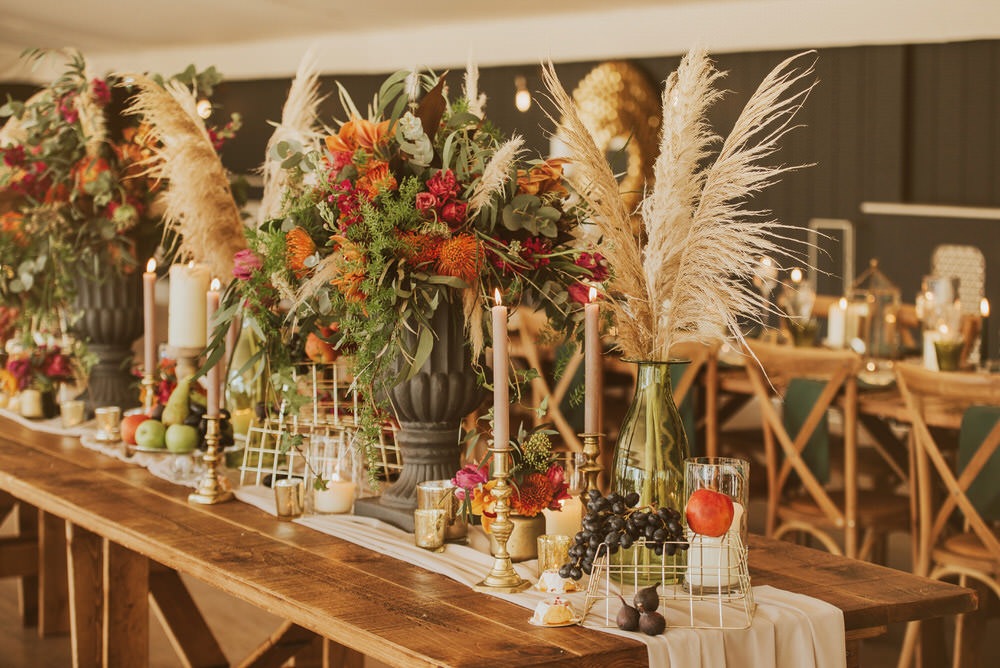 Flowers Flower Arrangement Urn Pampas Grass Pincushion Rose Greenery Green Gold Wedding Ideas Samantha Davis Photography