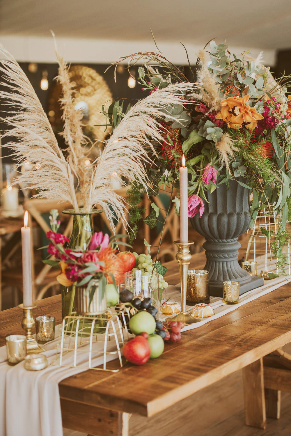 Flowers Flower Arrangement Urn Pampas Grass Pincushion Rose Greenery Green Gold Wedding Ideas Samantha Davis Photography