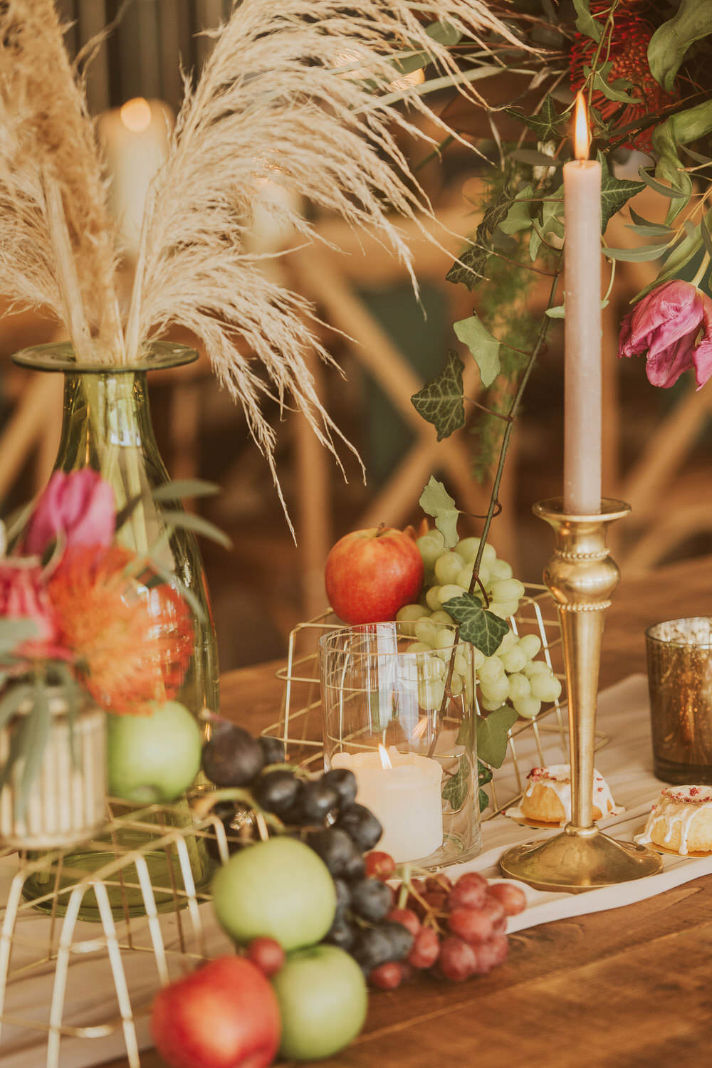 Decor Decoration Table Tablescape Glasses Candles Napkins Cutlery Fruit Green Gold Wedding Ideas Samantha Davis Photography