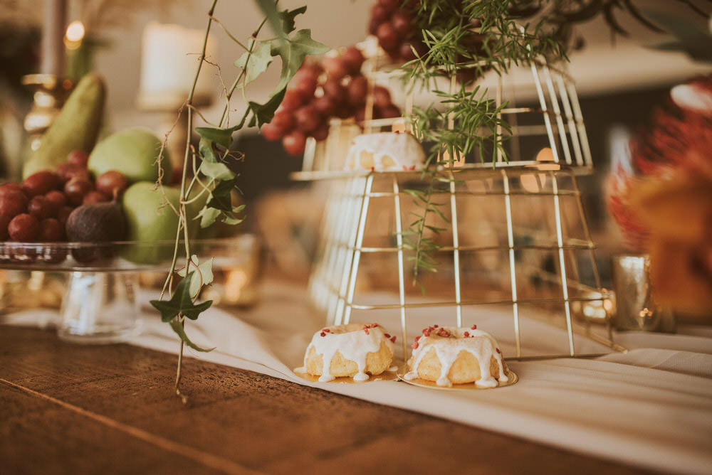 Decor Decoration Table Tablescape Glasses Candles Napkins Cutlery Mini Cakes Green Gold Wedding Ideas Samantha Davis Photography