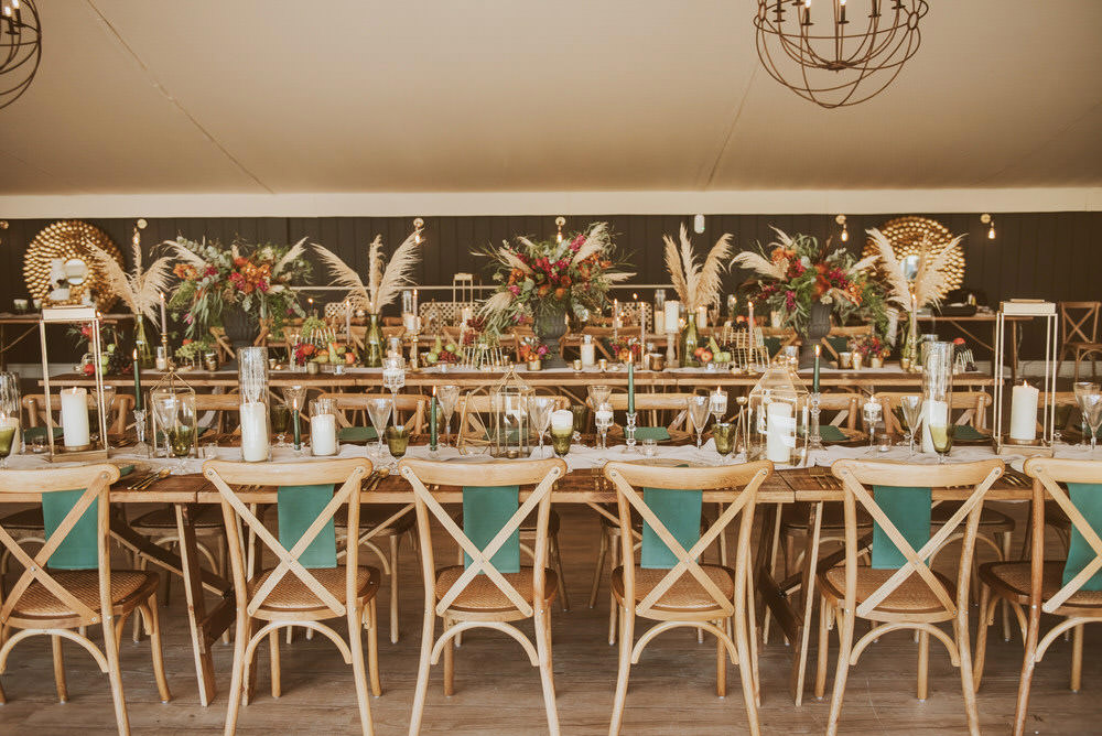 Decor Decoration Table Tablescape Glasses Candles Napkins Cutlery Table Runners Cross Back Chairs Green Gold Wedding Ideas Samantha Davis Photography