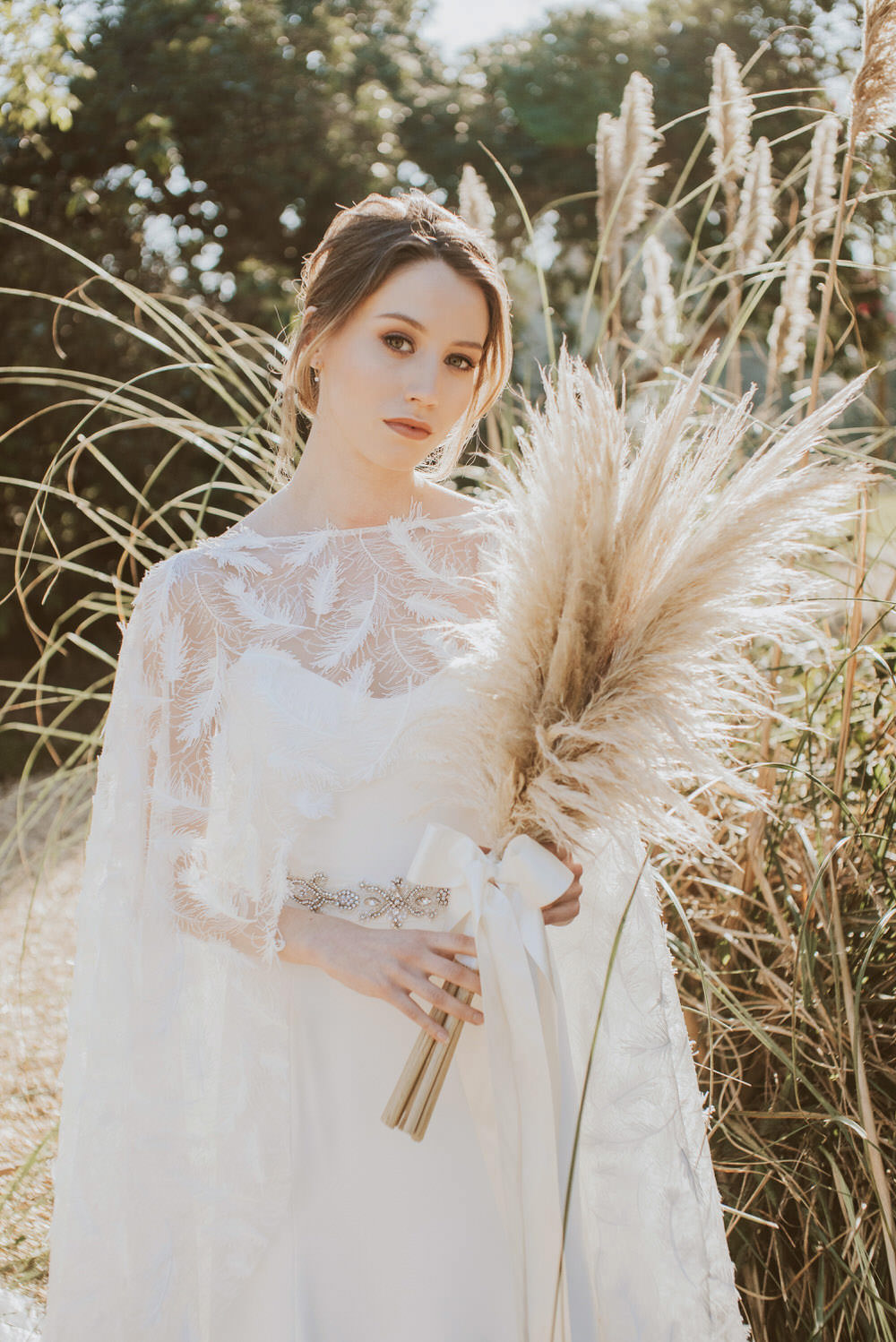 Bride Bridal Bouquet Flowers Pampas Grass Ribbon Bow Green Gold Wedding Ideas Samantha Davis Photography