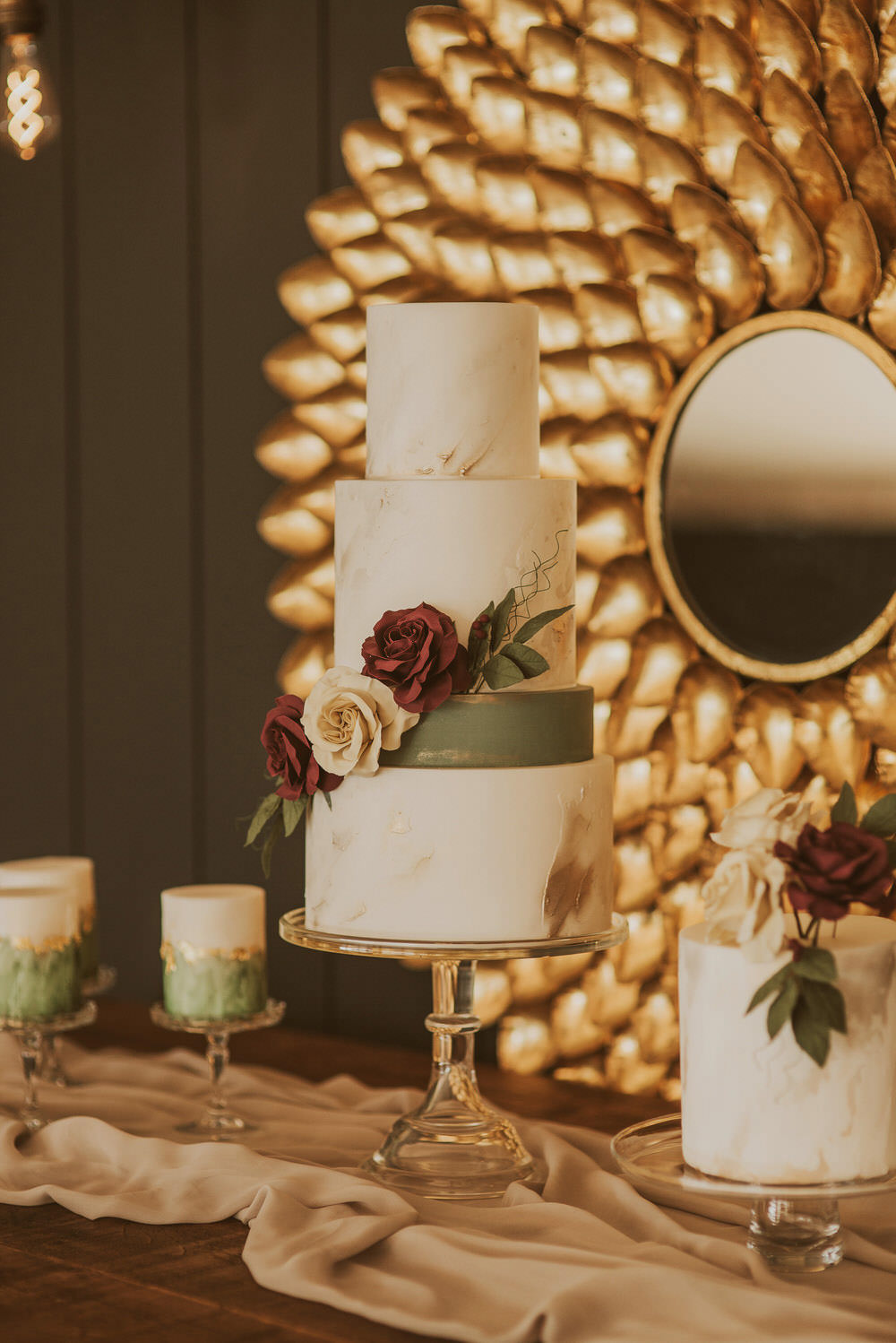 Cake Table Desserts Cakes Flowers Floral Green Gold Wedding Ideas Samantha Davis Photography