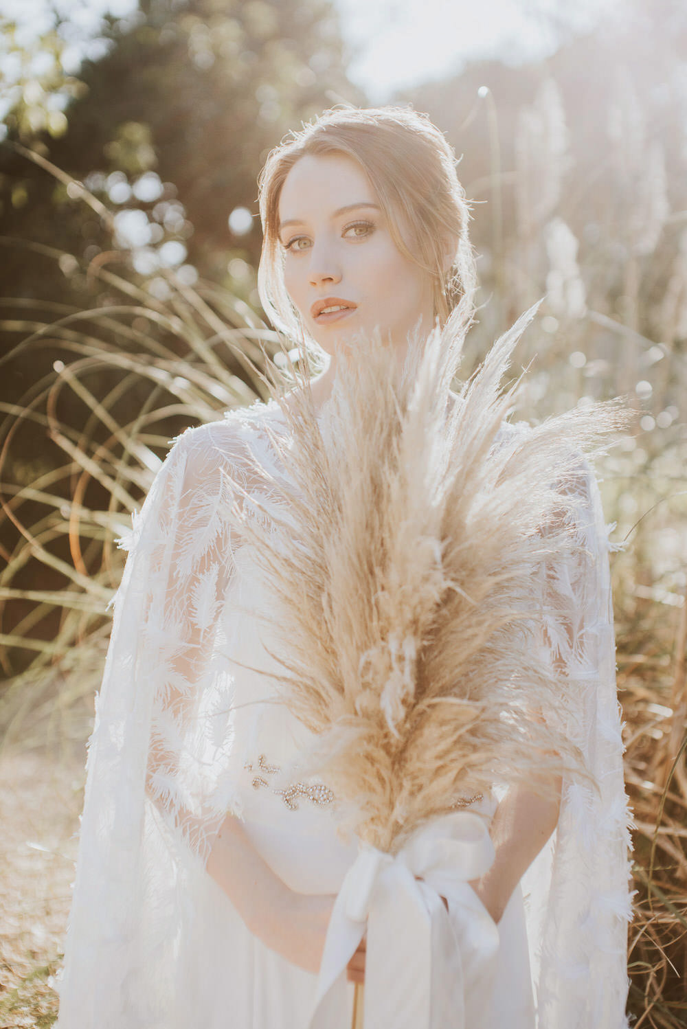 Bride Bridal Bouquet Flowers Pampas Grass Ribbon Bow Green Gold Wedding Ideas Samantha Davis Photography