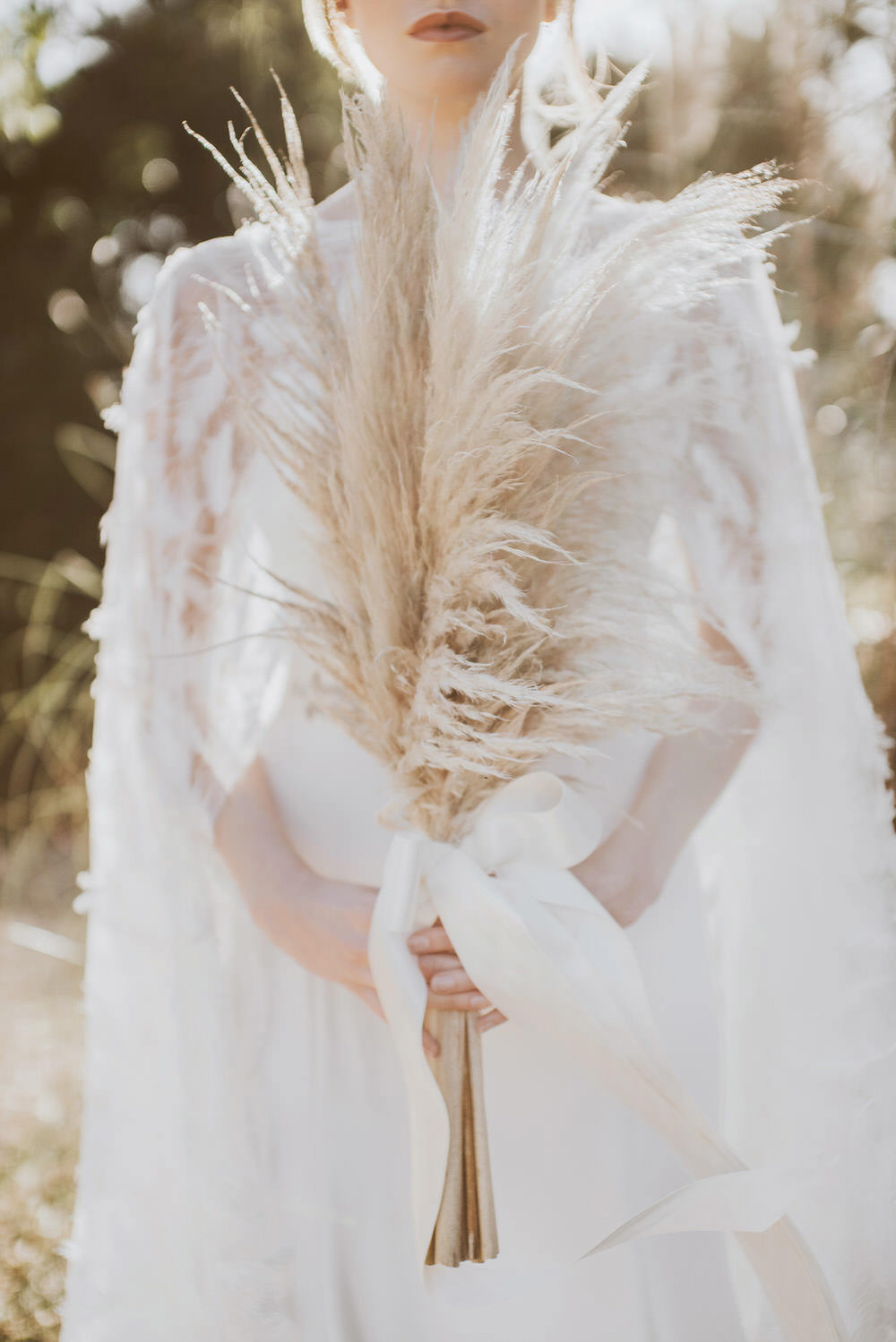 Bride Bridal Bouquet Flowers Pampas Grass Ribbon Bow Green Gold Wedding Ideas Samantha Davis Photography