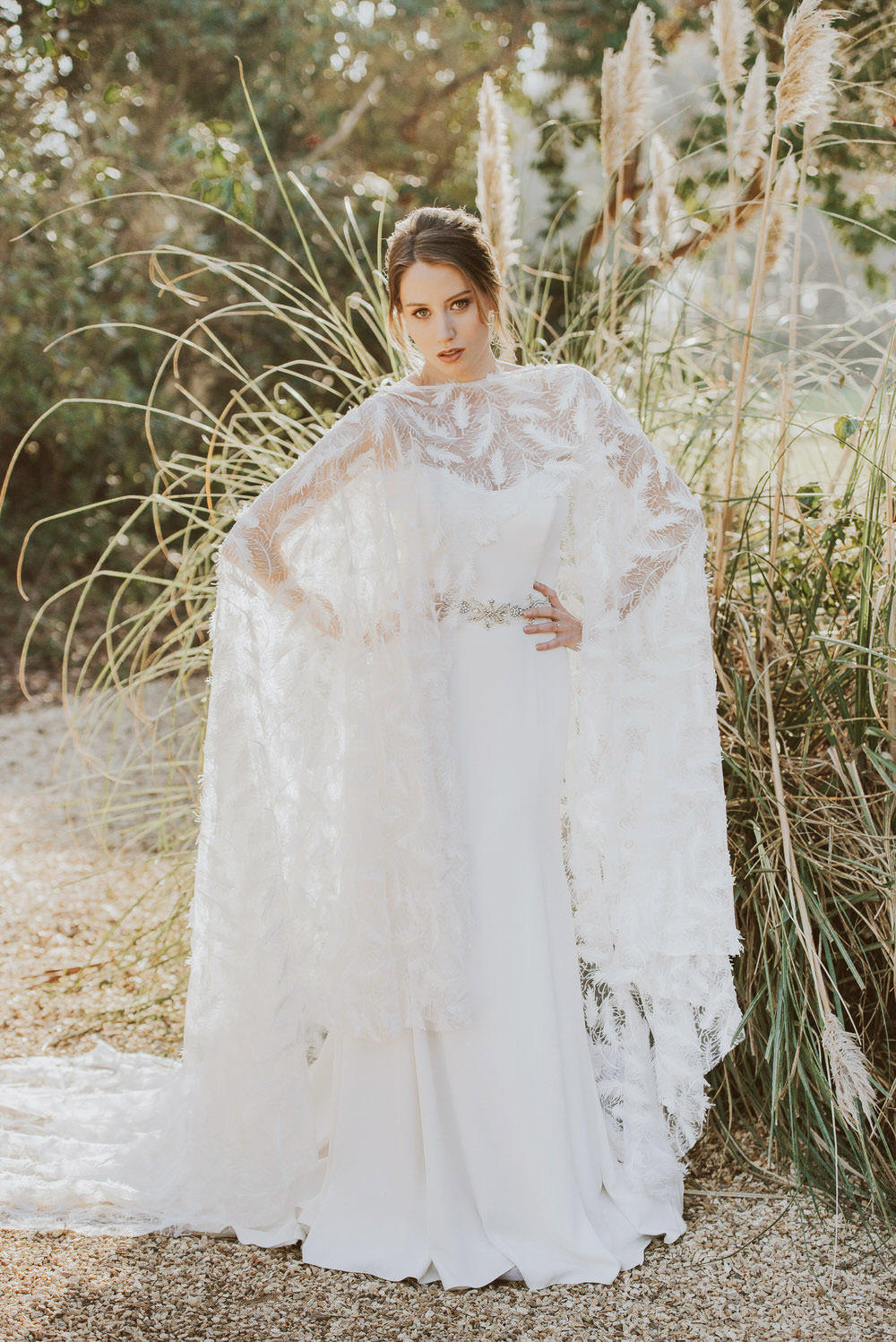 Bride Bridal Dress Gown Feather Embroidered Cape Willowby by Watters Green Gold Wedding Ideas Samantha Davis Photography