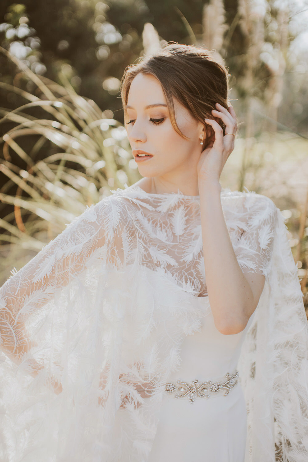 Bride Bridal Dress Gown Feather Embroidered Cape Willowby by Watters Green Gold Wedding Ideas Samantha Davis Photography
